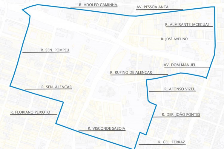 Mapa das ruas que formam o entorno do comércio da José Avelino e que está proibido de acordo com o Decreto.