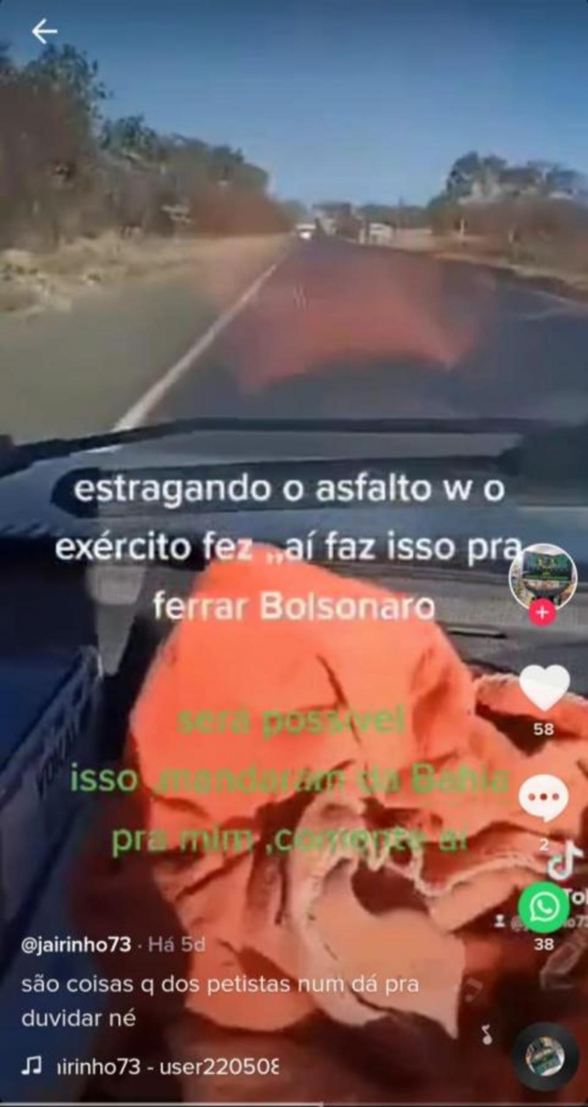 O vídeo insinua que a administração estadual da Bahia, do petista Rui Costa, quis danificar o asfalto para prejudicar o governo Bolsonaro. 