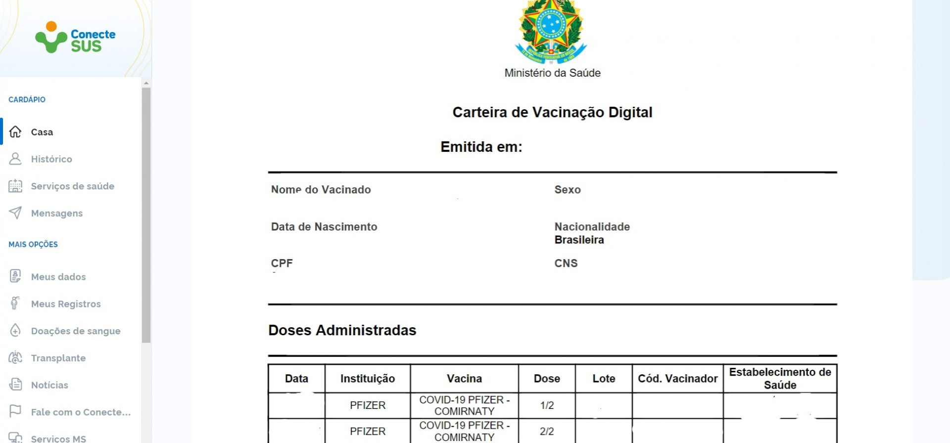  Após clicar em emitir carteira de vacinação, o comprovante vai aparecer na tela e pode ser baixado em PDF