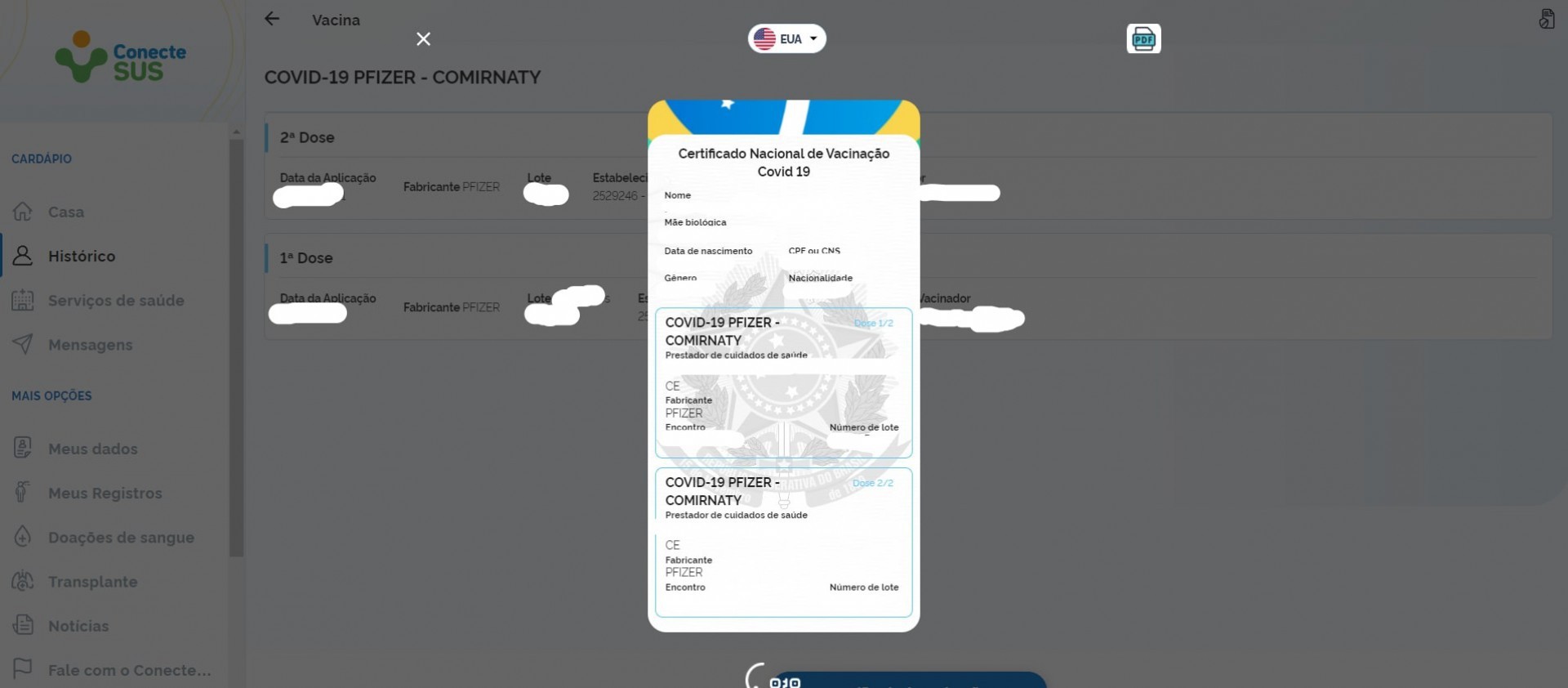  Após clicar nas informações da vacina aplicada e acessar certificado de vacinação, o comprovante vai aparecer na tela e pode ser baixado em PDF