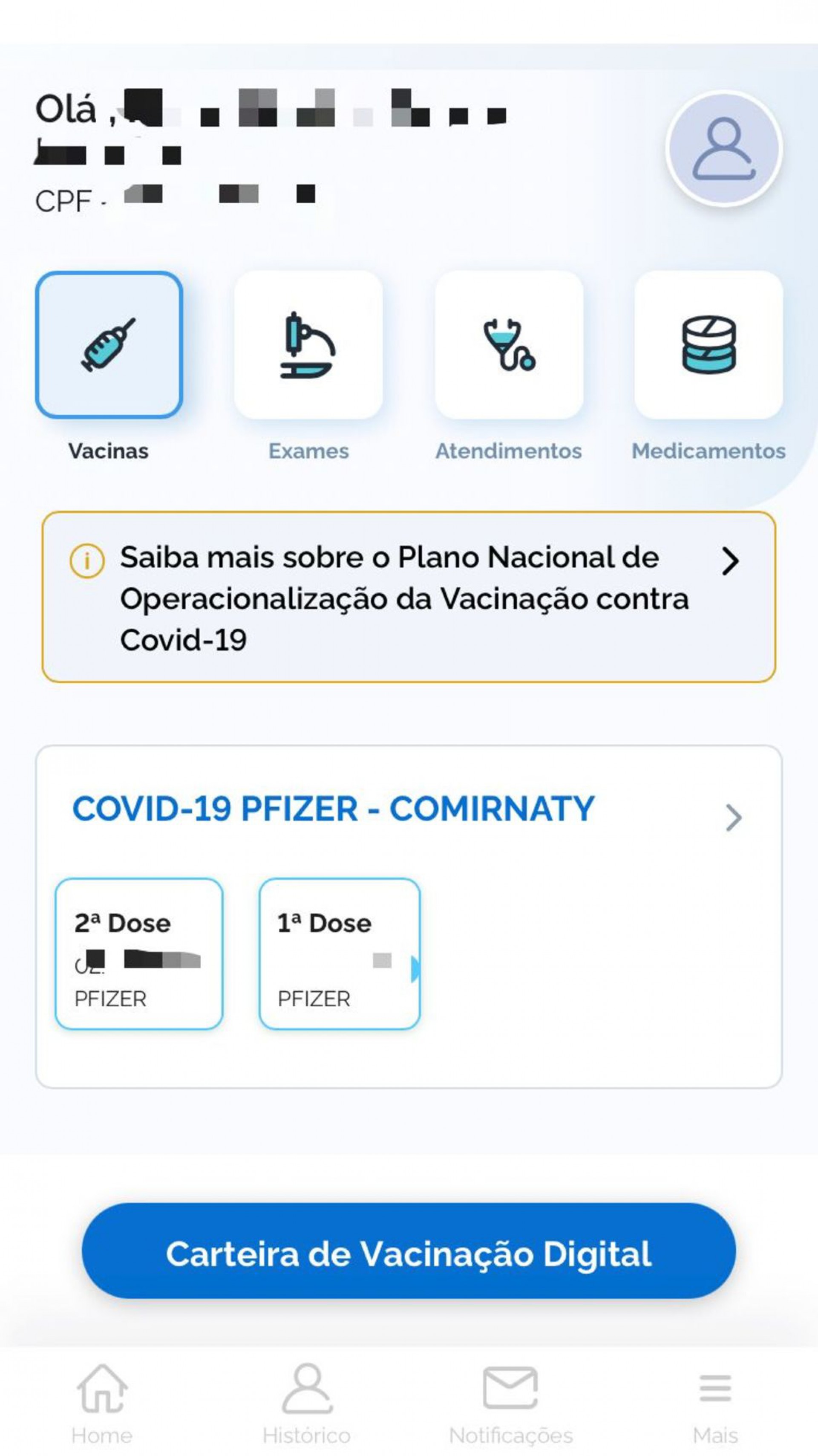 Página inicial após efetuar o login, clique no ícone "vacinas"