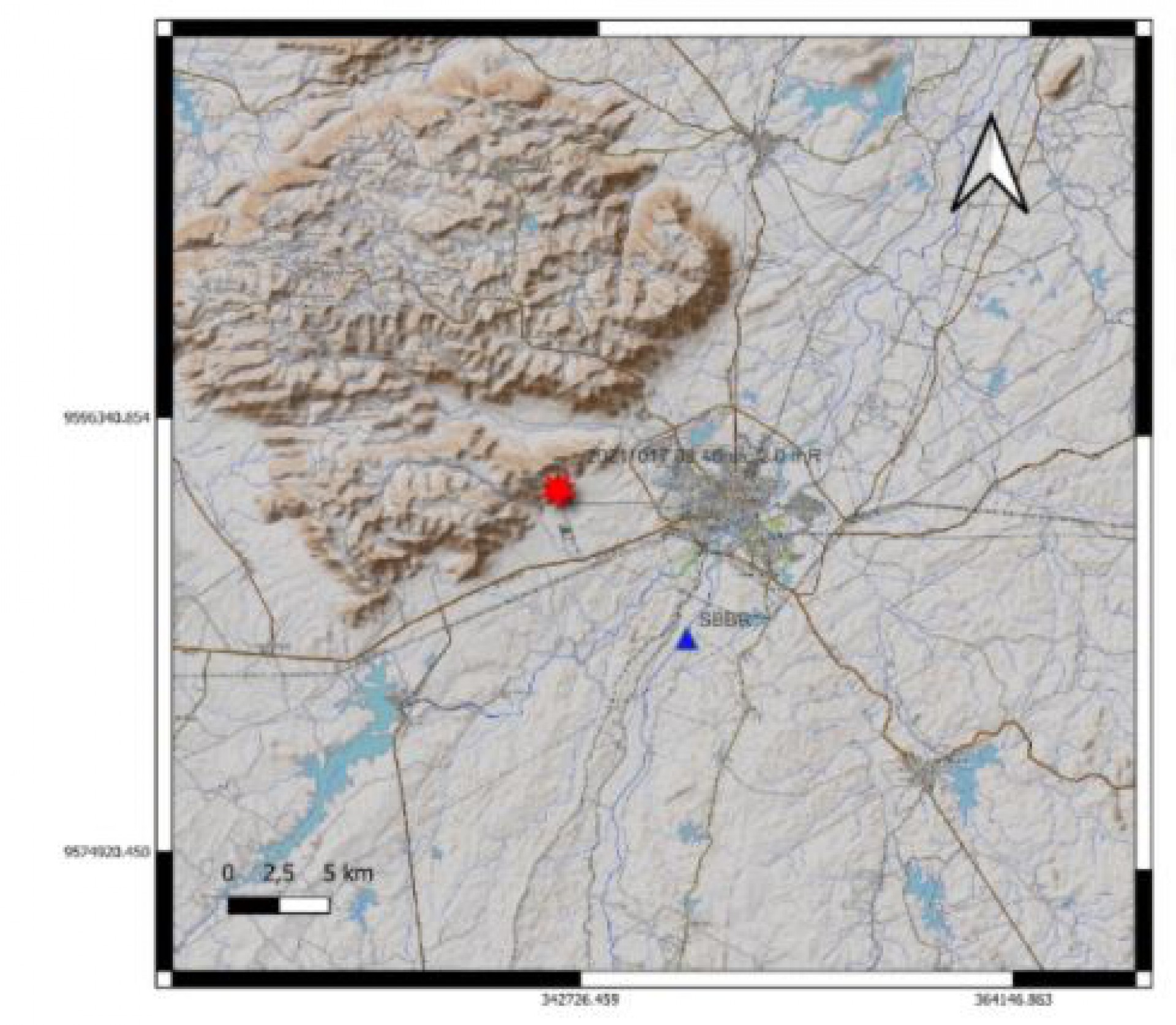 Epicentro do sismo é marcado de vermelho no mapa divulgado pelo Laboratório Sismológico da UFRN 