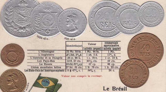 Cartão do início do século XX explica a conversão dos réis brasileiros para outras moedas