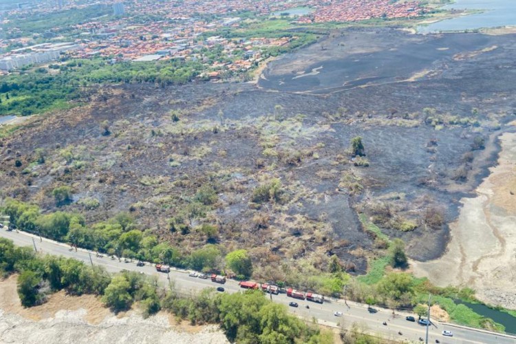 Incêndio afeta território do Parque Estadual do Cocó. Bombeiros atuam para cessar focos de incêndio e fumaça no local. Imagens tiradas da aeronave da Ciopaer.