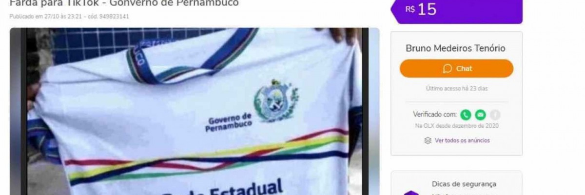 Farda da rede pública de ensino de Pernambuco sendo vendida em site na internet