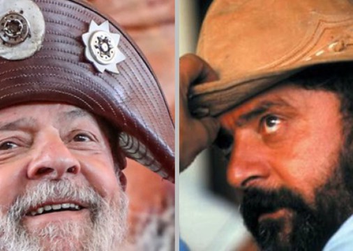 Ex-presidente Lula usando chapéu de couro em duas ocasiões diferentes: uma foto atual e outra dos anos 90