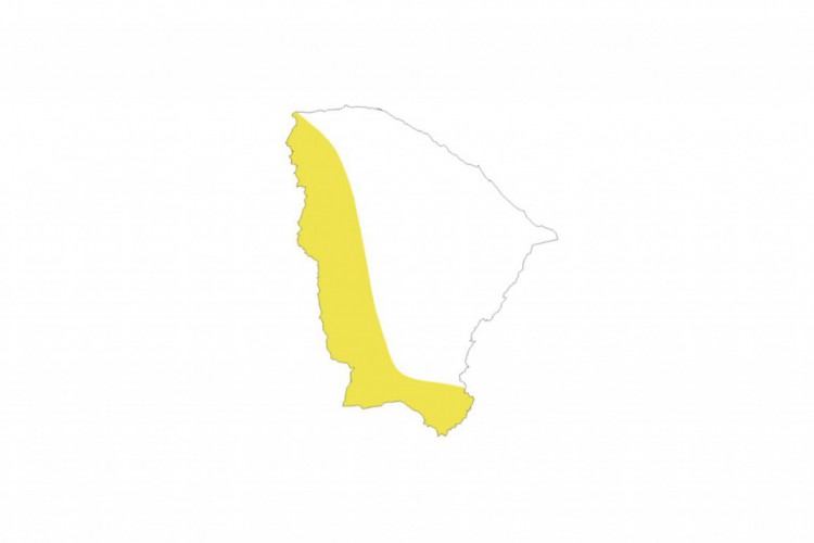 O risco potencial em regiões especificadas pela cor amarela no mapa do Ceará indica possibilidade de 20% a 40% de chuvas intensas