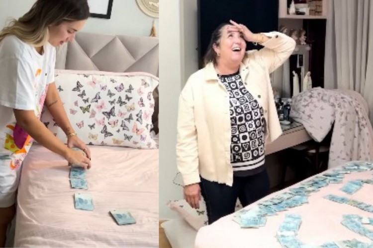 Em vídeo, mãe da influencer fica surpresa ao ganhar o dinheiro vivo
