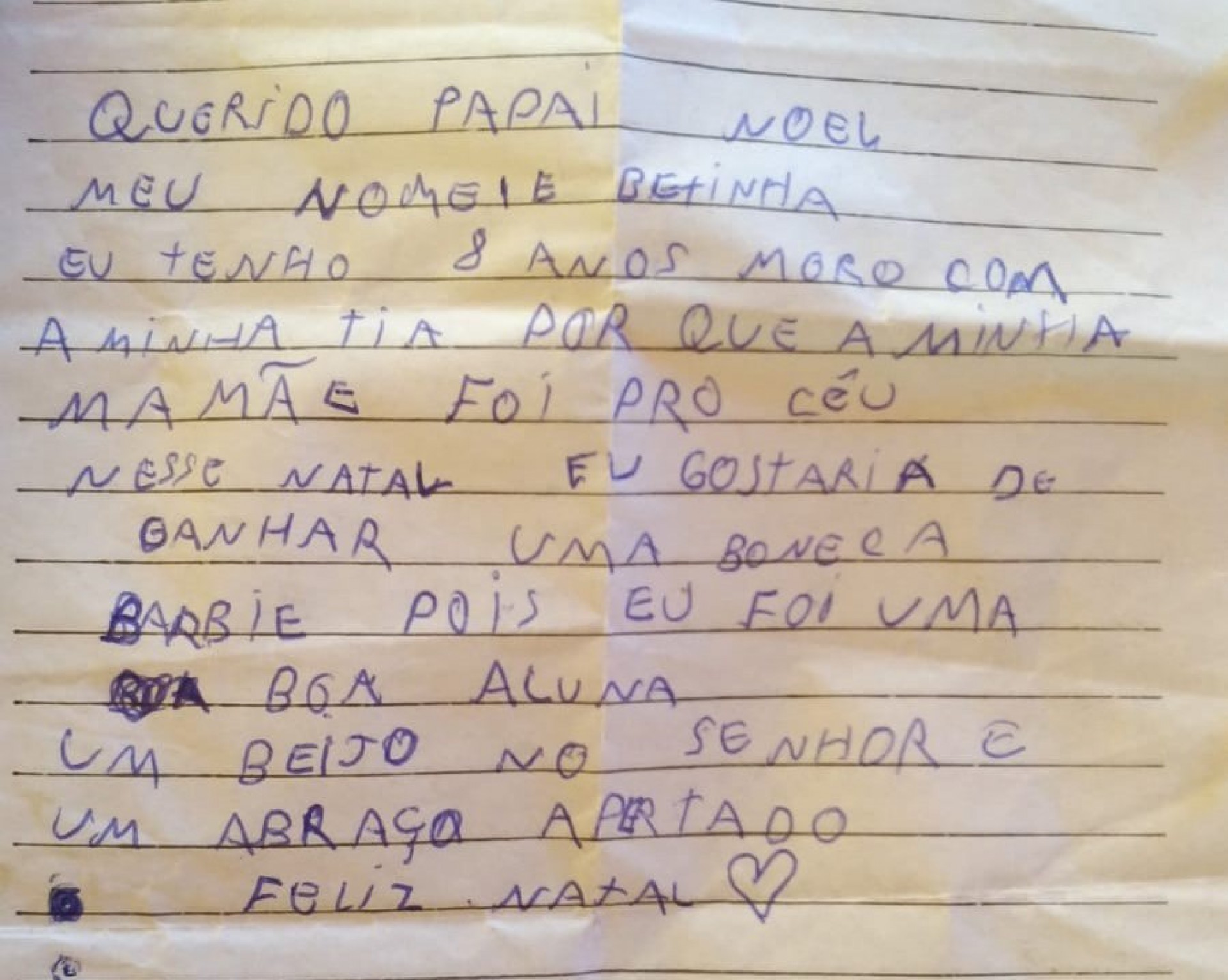 Planejando entregar a carta para o Papai Noel em um passeio da escola, a menina, moradora do município de Aquiraz, no Ceará, acabou perdendo-a poucos minutos antes