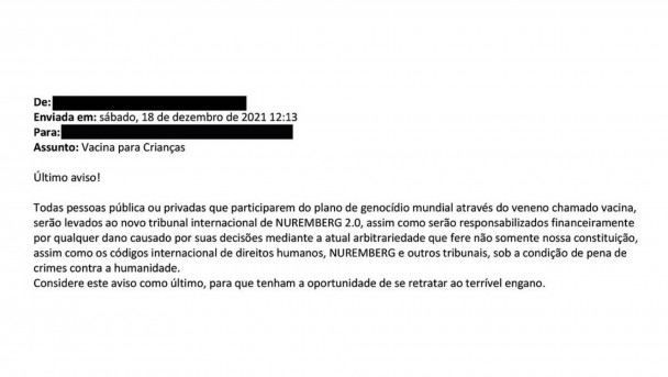 Um dos e-mails enviados a técnicos e diretores da Anvisa com ameaças 