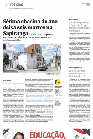 Página 10 da edição de 26 de dezembro de 2021 do O POVO destaca a Chacina da Sapiranga, a mais recente registrada no Ceará