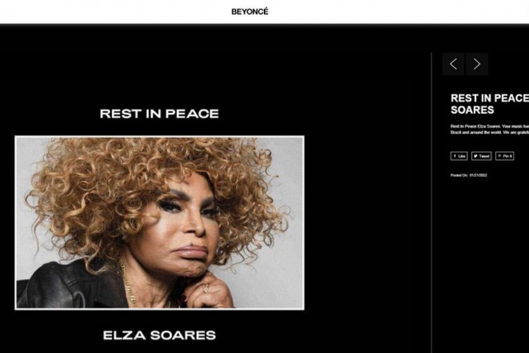 Em seu site oficial, Beyoncé homenageou Elza Soares, que morreu nessa quinta, 20. No ano passado, a estadunidense havia enviado desejos de aniversário para Elza 
