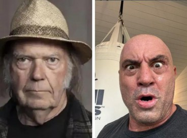O cantor Neil Young (esquerda) solicitou a remoção de sua discografia do Spotify devido ao podcast de Joe Rogan (direita), criticado por desinformação sobre Covid-19  