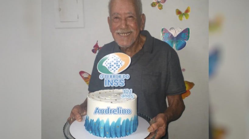 Idoso comemora 121 anos como bolo temático do Instituto Nacional do Seguro Social INSS(foto: Reprodução/Twitter)