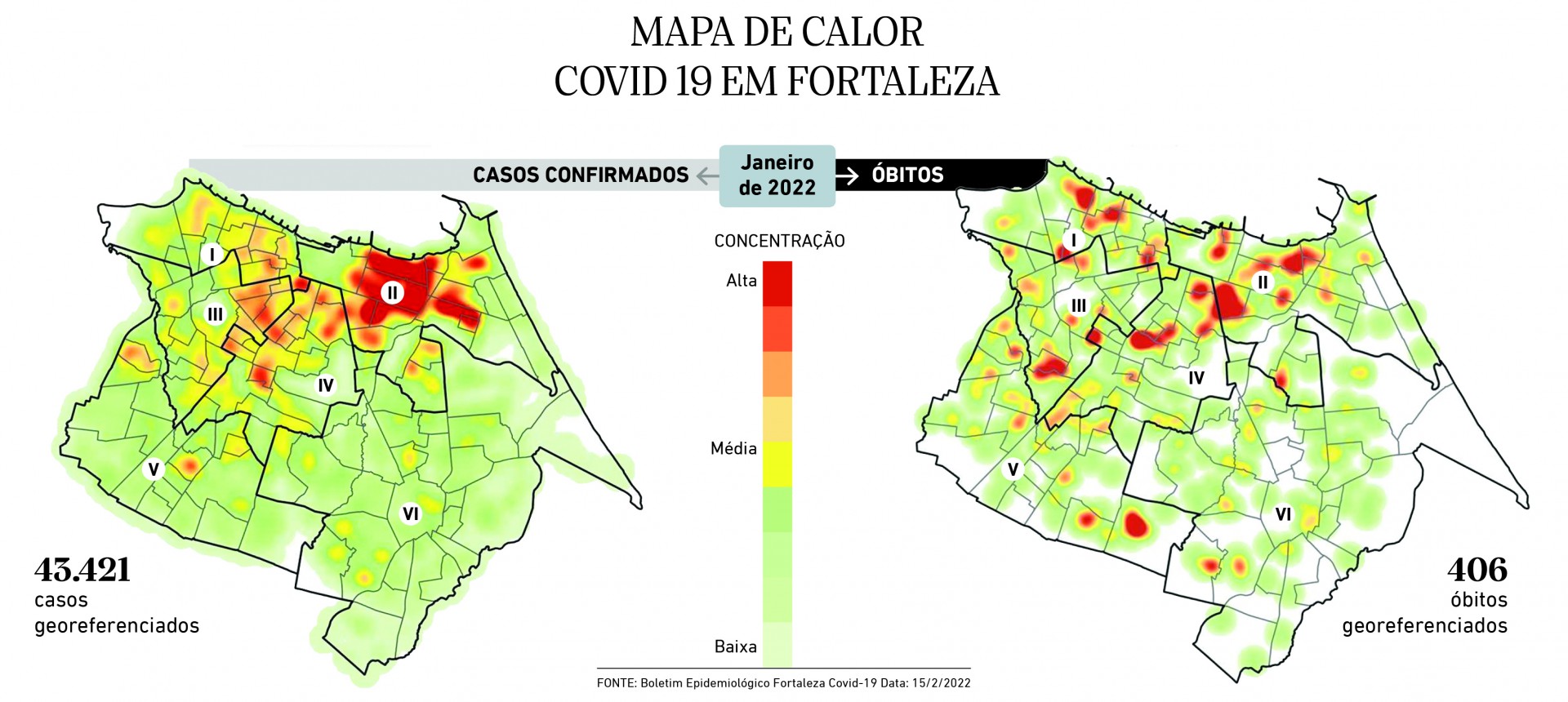 Mapas de calor de casos e óbitos causados por Covid-19 em Fortaleza, a partir de boletim da Secretaria Municipal de Saúde de Fortaleza (SMS) publicado na terça-feira, 15