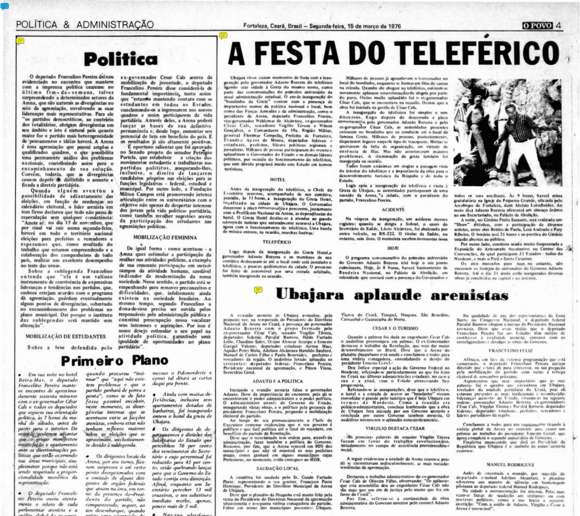 Edição do O POVO veiculada no dia 15 de março de 1975 cuja manchete é sobre a inauguração do Bondinho de Ubajara, realizada no dia anterior 