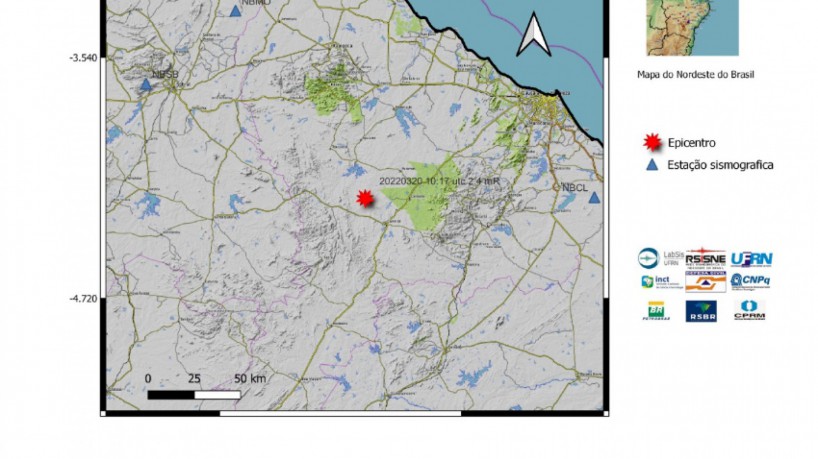 O Labsis registrou tremores de terra em cidades cearenses no fim de semana; em vermelho, localização epicentral do tremor detectado em Paramoti(foto: Reprodução/Labsis)