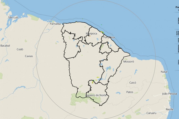 Áreas com chuva no Ceará foram focos isolados no Nordeste e no Sudeste do Estado; Fortaleza amanheceu com precipitação rápida