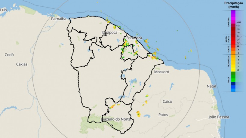 Áreas com chuva no Ceará se concentraram na faixa litorânea e no Maciço de Baturité na madrugada desta sexta-feira, 22(foto: Reprodução/Funceme)