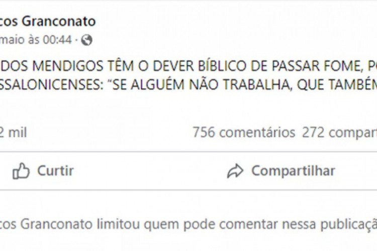 Pastor da Igreja Batista Reden&ccedil;&atilde;o, em S&atilde;o Paulo, virou alvo de cr&iacute;ticas na internet ap&oacute;s dizer que mendigos t&ecirc;m dever de passar fome