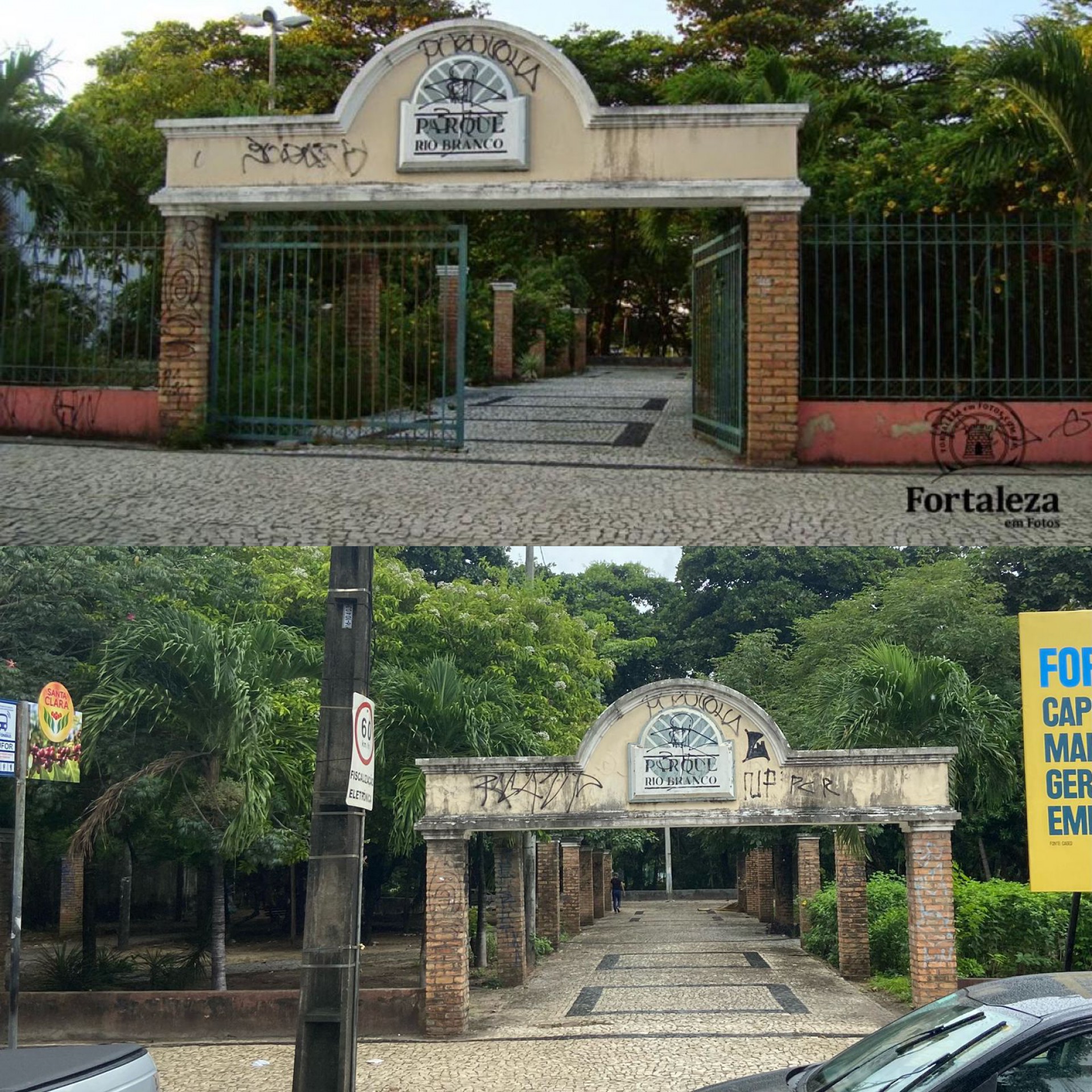 Antes e depois da entrada, pela avenida Pontes Vieira, do Parque Rio Branco, Portão e grades do local foram retirados. Policia investiga o caso.