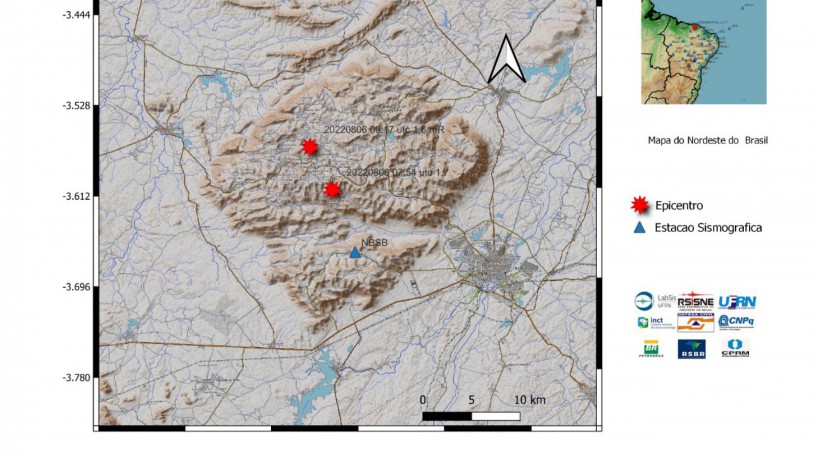 Marcações no mapa onde aconteceram os dois tremores, em Alcântaras (CE), na manhã deste sába...