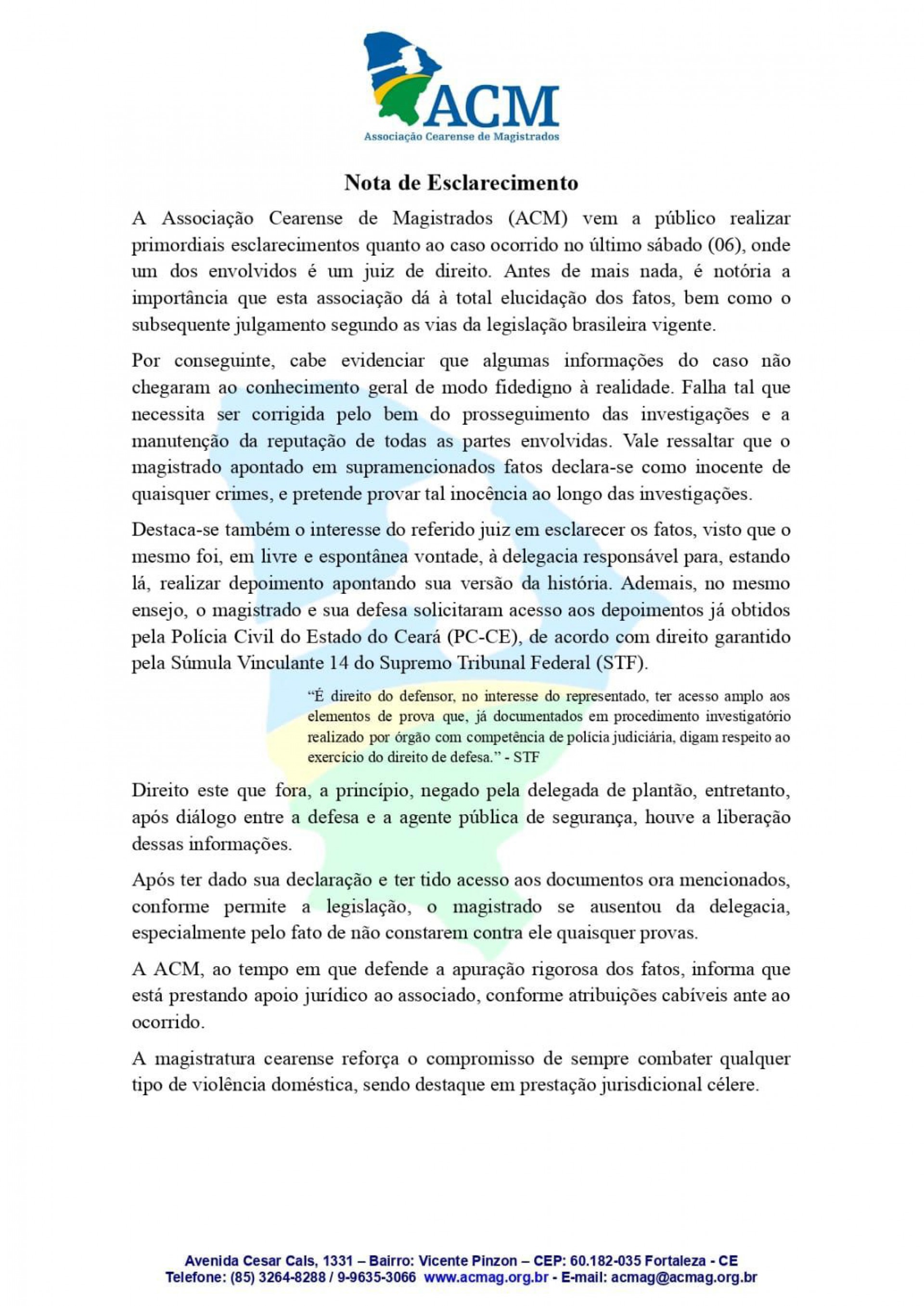 Fac-símile da nota da Associação Cearense de Magistrados sobre o caso do juiz suspeito de agredir a namorada e desacatar delegada