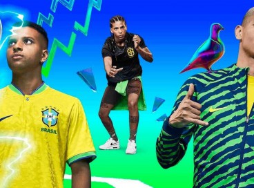 Nova camisa da seleção brasileira: modelo apresenta relevos inspirados em uma onça, e detalhes verdes e azuis nas mangas e na gola. 