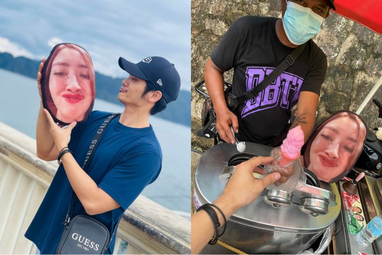 Raymond fez uma almofada com o rosto de sua mulher e levou em viagem de férias