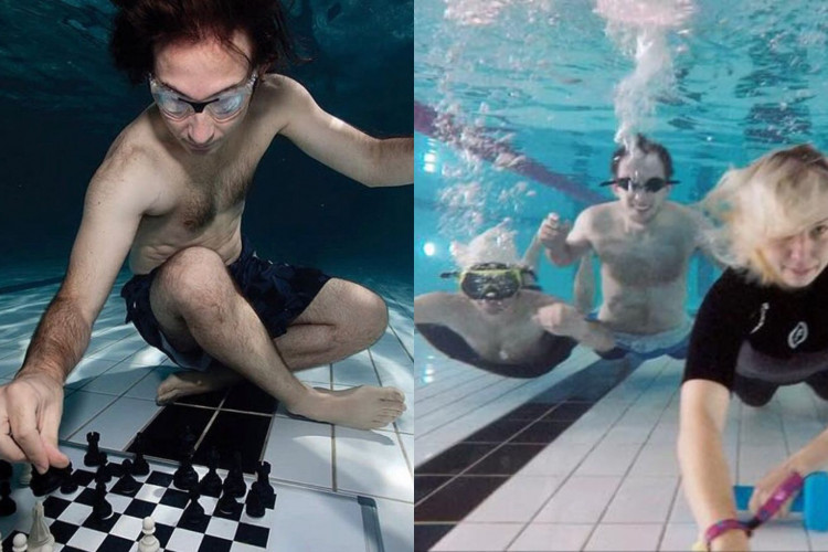 Torneio de xadrez mistura raciocínio lógico e mergulho em piscina