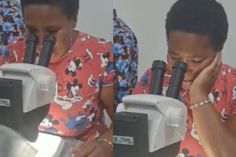 Sandra Lima, aluna do EJA de 48 anos chora ao ver formiga no microscópio pela primeira vez; confira vídeo