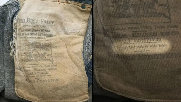 Inscrição racista em jeans da marca americana Levi's encontrado em uma mina abandonada. Calça foi confeccionada nos anos 1880