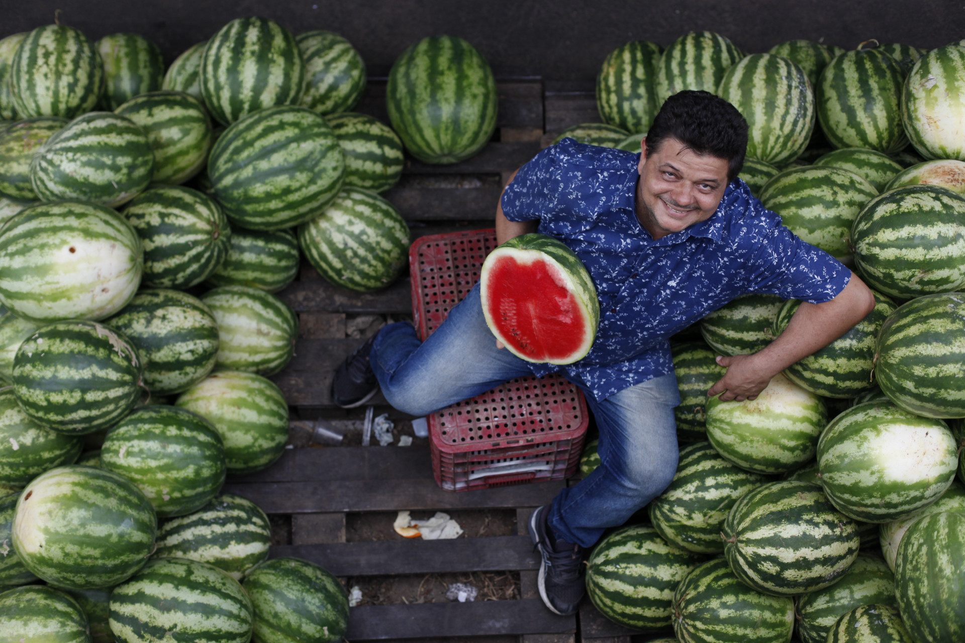(Foto: FÁBIO LIMA/ O POVO)Esaú Lessa, comerciante de melancias na Ceasa-CE, em Maracanaú 