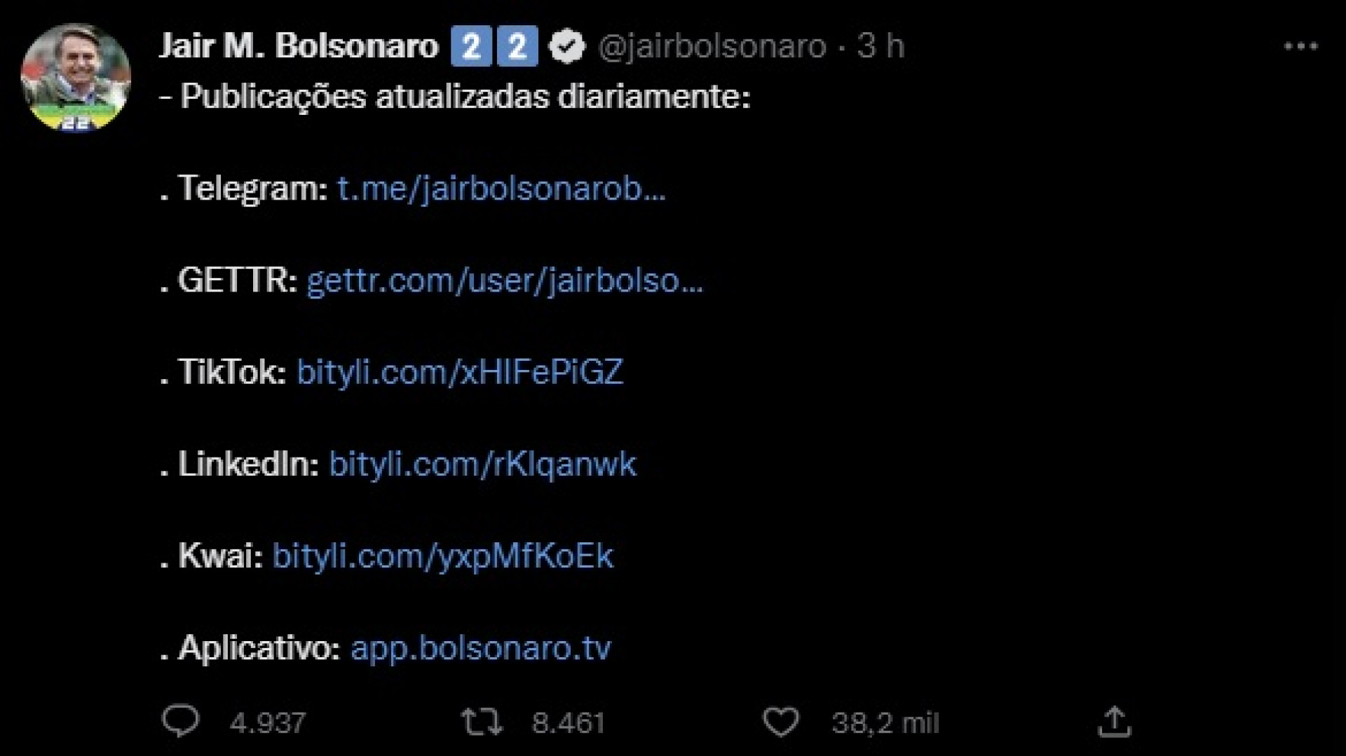 Tuíte de Jair Bolsonaro após dias sem postar nas redes