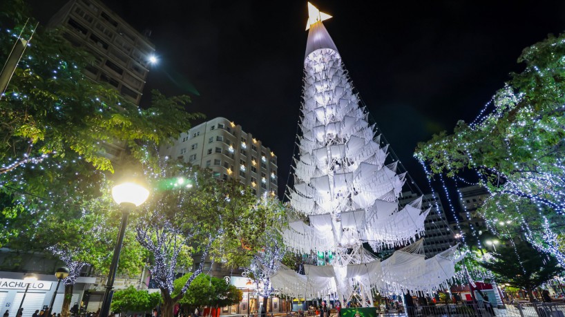 Árvores de Natal chamam atenção de quem passa pelas praças de Fortaleza