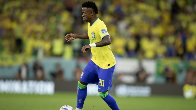 Atacante Vin&iacute;cius J&uacute;nior no jogo Brasil x Cro&aacute;cia, no est&aacute;dio Cidade da Educa&ccedil;&atilde;o, pela Copa do Mundo 2022