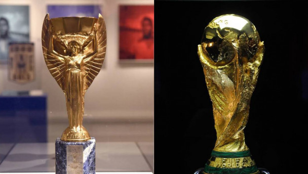 As duas ta&ccedil;as da Copa entregues aos pa&iacute;ses campe&otilde;es: O trof&eacute;u Jules Rimet, de 1930 a 1970, e a Ta&ccedil;a da Copa do Mundo, de 1974 at&eacute; os dias atuais