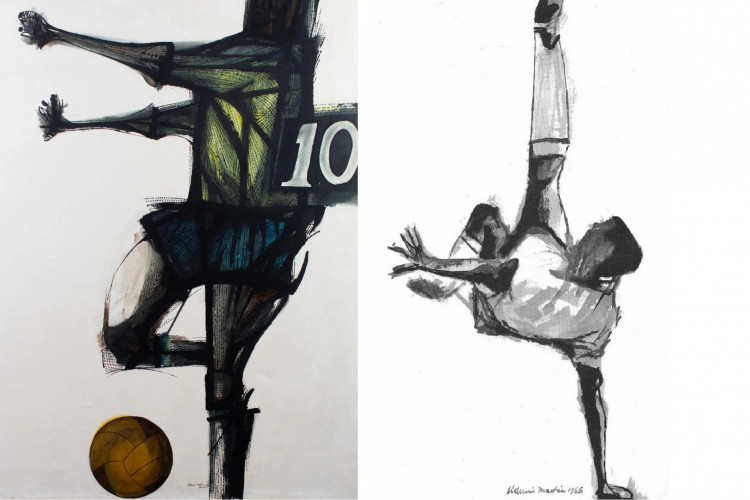 Obras do cearense Aldemir Martins inspiradas em Pelé, incluindo a pintura em exposição na Pinacoteca (à esquerda)