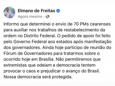 Postagem do governador do Ceará Elmano de Freitas (PT) sobre envio de PMs para o DF