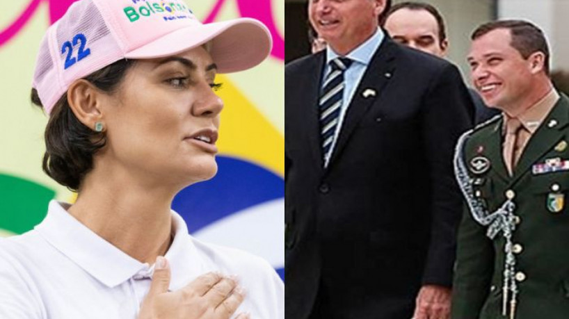 Michelle Bolsonaro a esquerda, Jair Bolsonaro (PL) e Mauro Cid a direita. (foto: FERNANDA BARROS/...