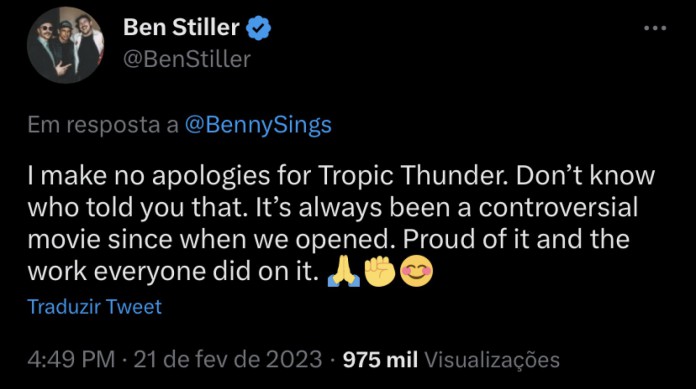 Ben Stiller responde a usu&aacute;rio sobre o filme "Trov&atilde;o Tropical"