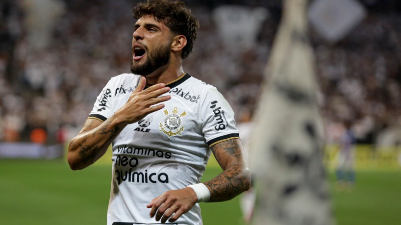 Atacante Yuri Alberto comemora gol no jogo Corinthians x Santo André, na Neo Química Arena, pelo Campeonato Paulista 2023