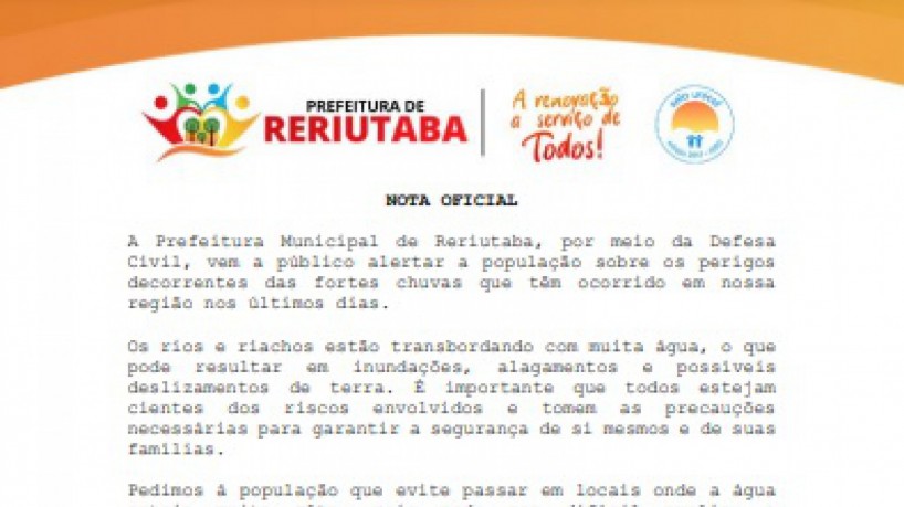 Comunicado oficial da Prefeitura de Reriutaba alertando sobre as fortes chuvas(foto: Ascom/Prefei...
