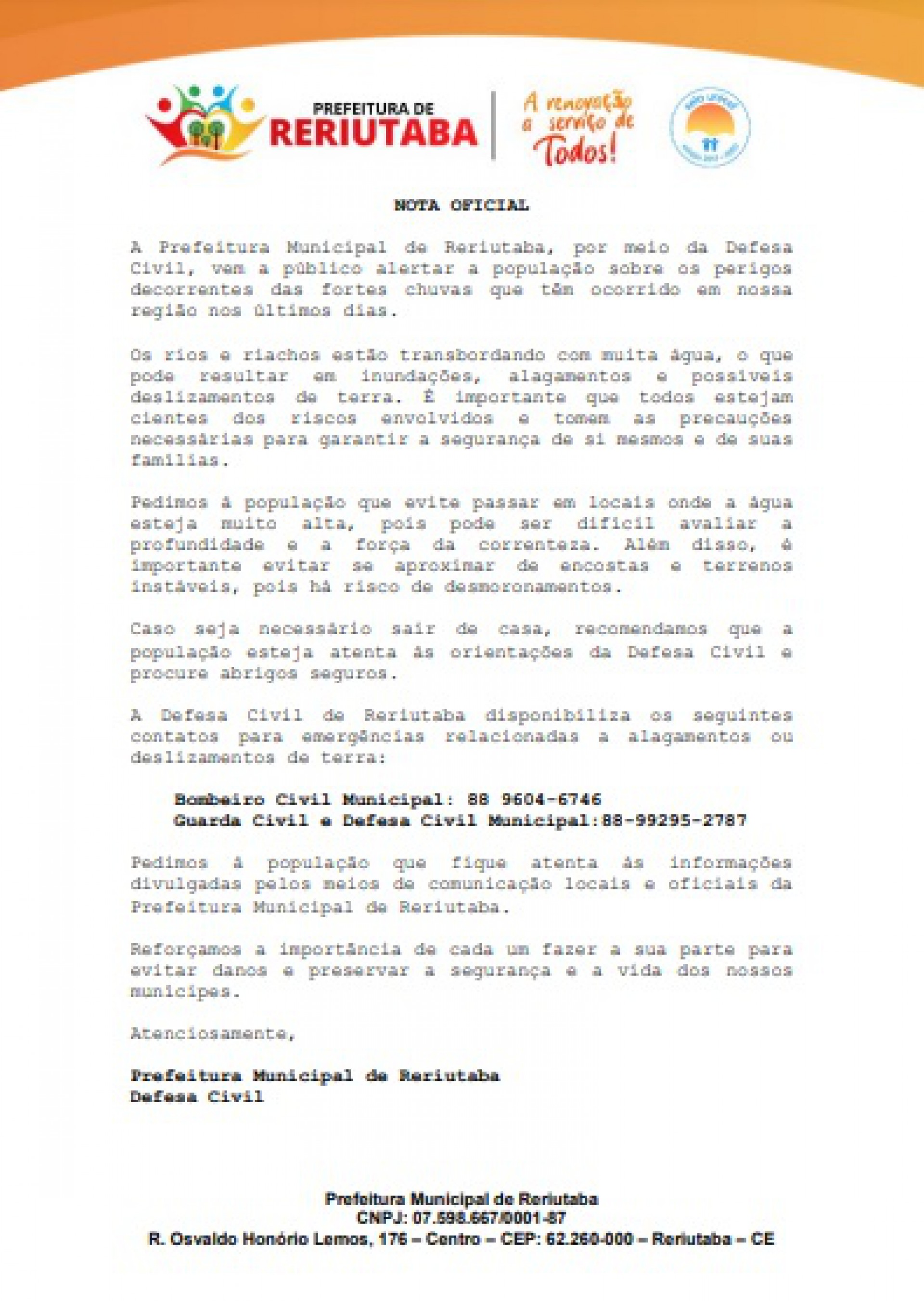 Comunicado oficial da Prefeitura de Reriutaba alertando sobre as fortes chuvas