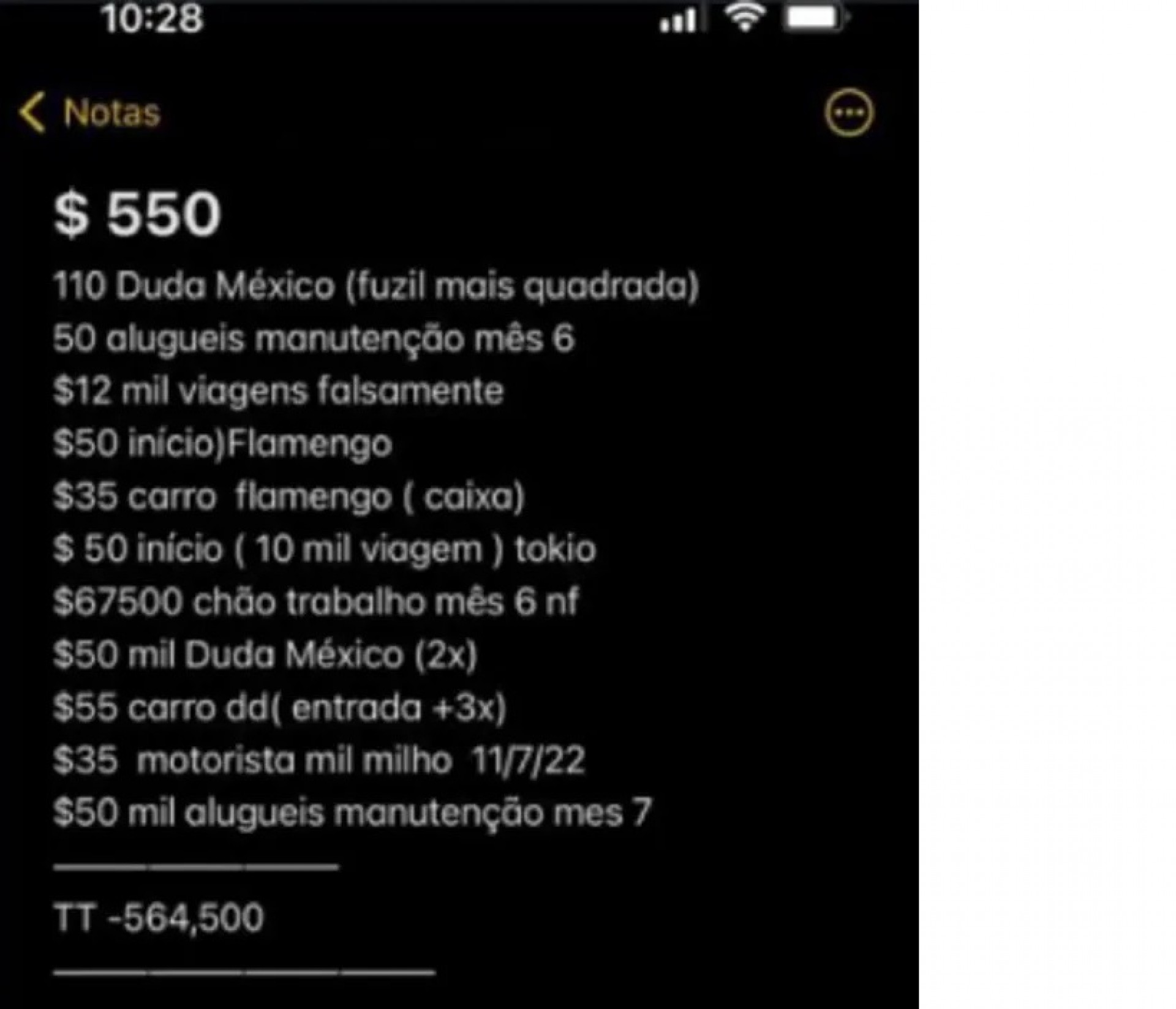 Print da lista de gastos do plano de sequestro de Moro 