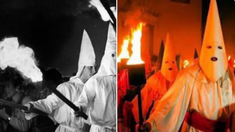 A Procissão do Fogaréu é um ritual católico que lembra a prisão de Cristo, ao passo que a Ku Klux Klan era um movimento racista de extrema-direita que fazia espancamentos e assassinatos