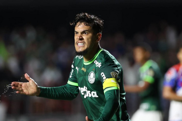 O jogador Gustavo Gómez, da SE Palmeiras, comemora seu gol contra a equipe do C Cerro Porteño, durante partida válida pela fase de grupos, da Copa Libertadores, no Estádio do Morumbi. (Foto: Cesar Greco/Palmeiras/by Canon)