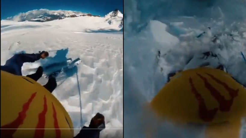 Enquanto esquiava no Alpes, homem conseguiu registrar momento de queda ao tombar com fenda de gelo no meio do caminho
