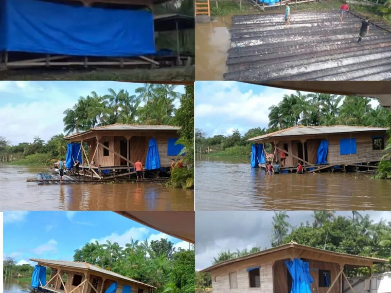Uma jangada improvisada ajudou a fam&iacute;lia de Clebson a se mudar e levar a pr&oacute;pria casa na mudan&ccedil;a; veja v&iacute;deo: 