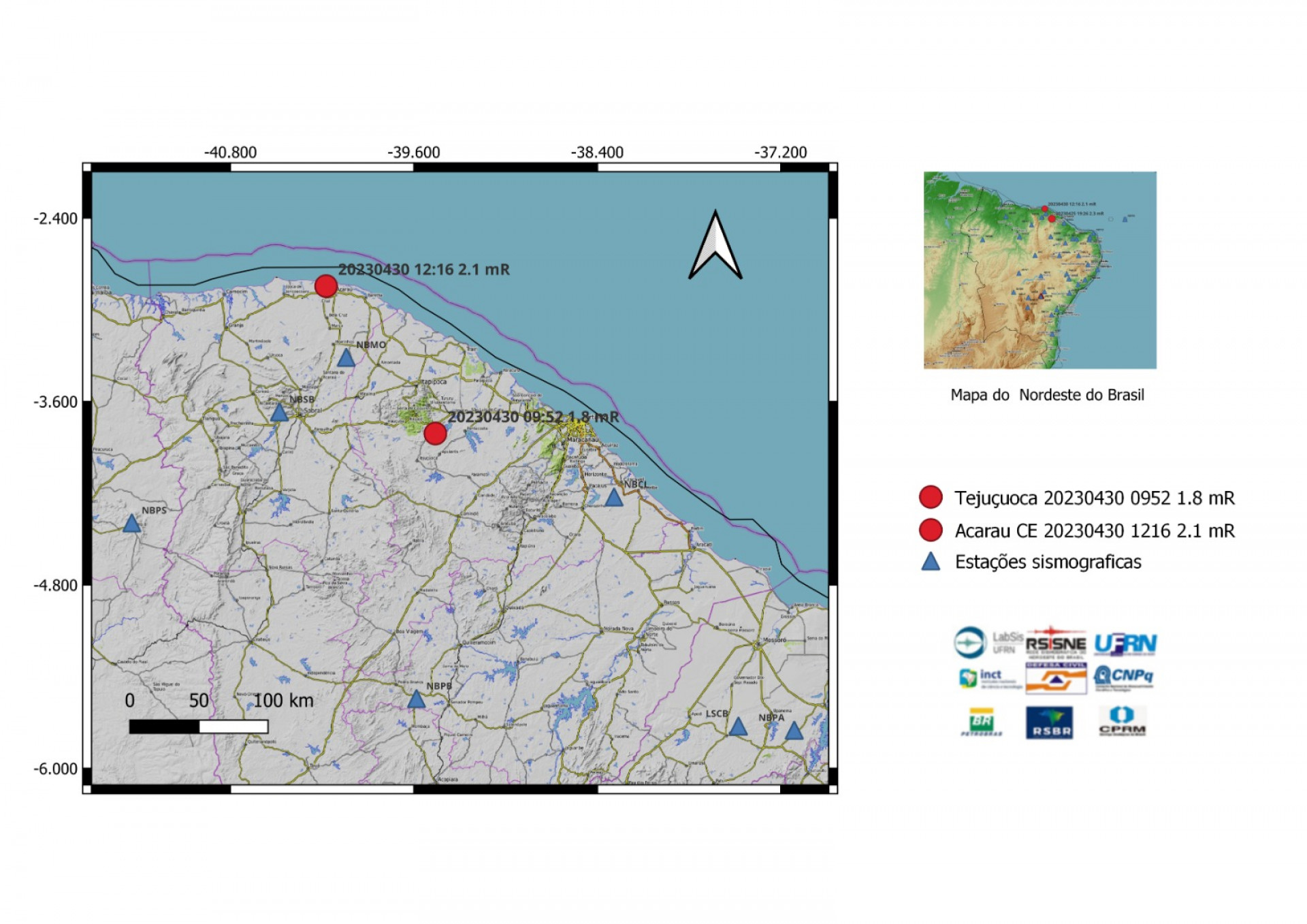 Mapa com informações sobre os tremores de terra  (Foto: Divulgação/ Labsis-URFN)